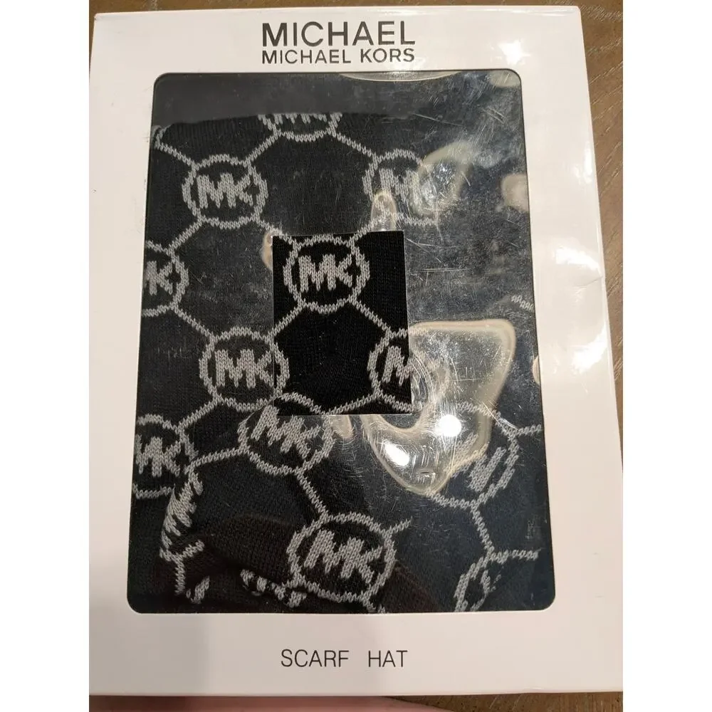 NEW Michael Kors Black Gray Logo Print Winter Beanie Hat Scarf Set Acrylic Knit - Picture 4 of 6